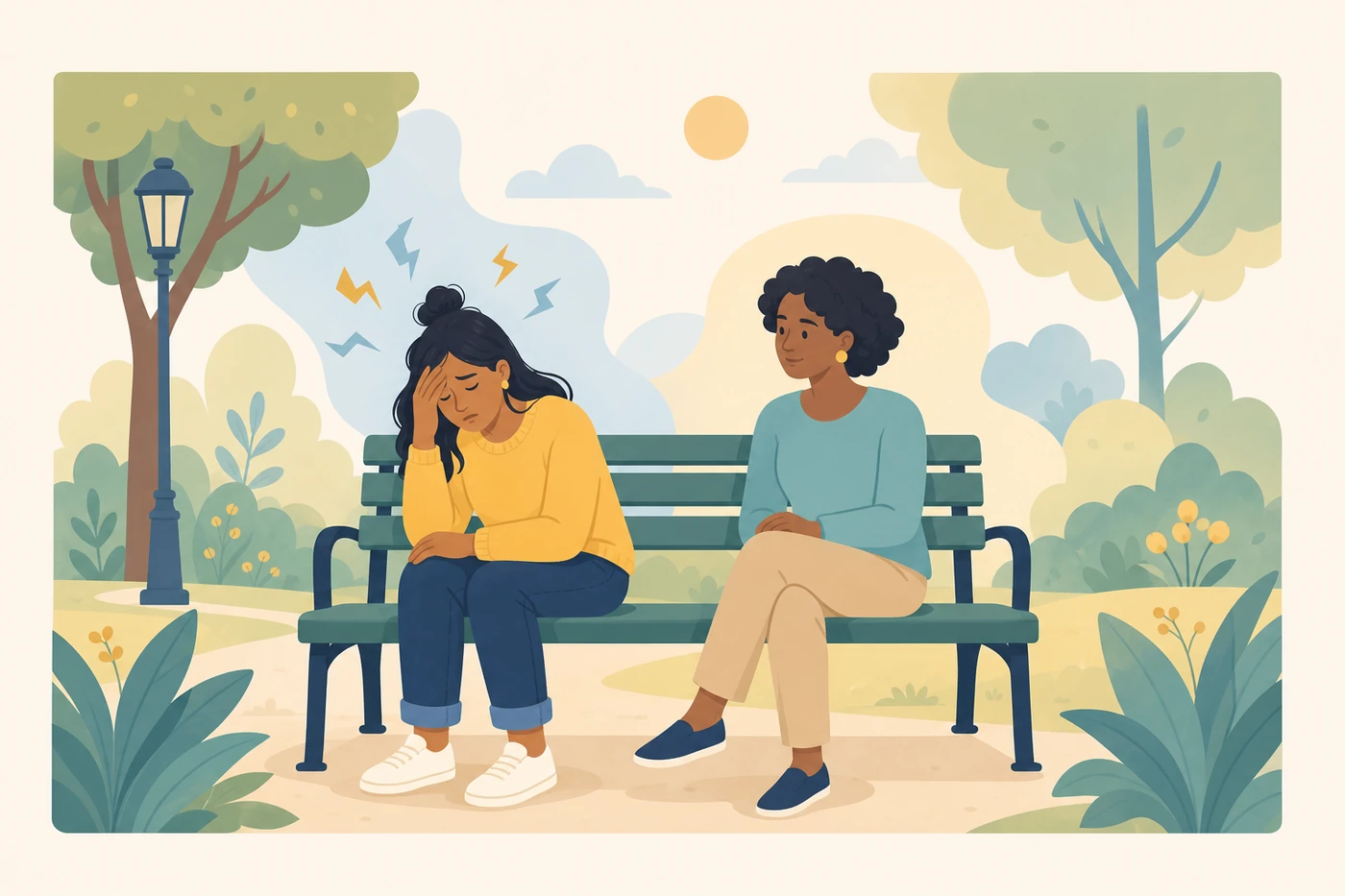 Two people sitting together while one receives support with intense emotions