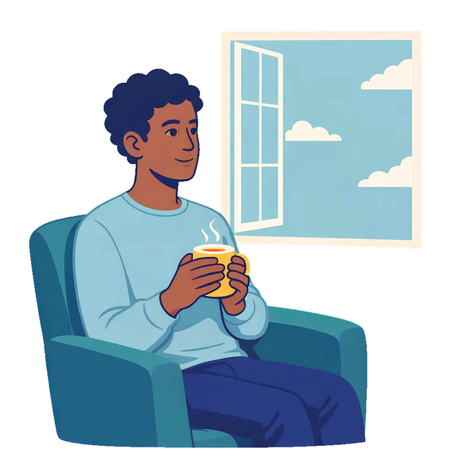 Person using a warm drink and daylight for mindful sensory grounding