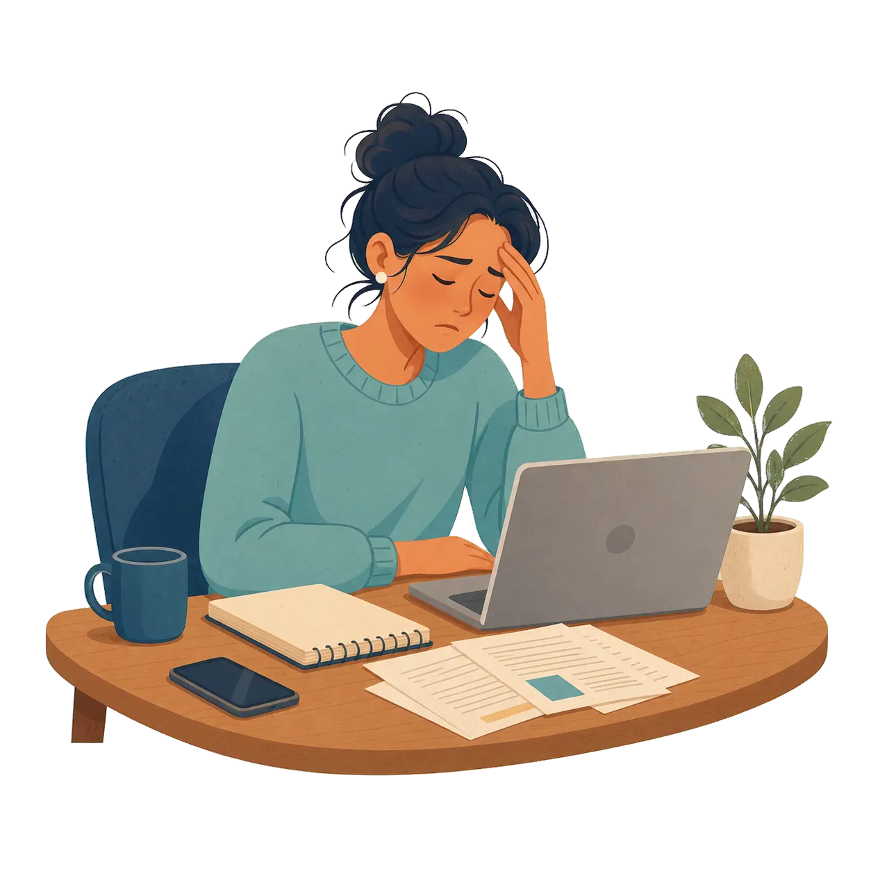 Work stress counselling in London and online Illustration of a woman experiencing work-related stress at her laptop