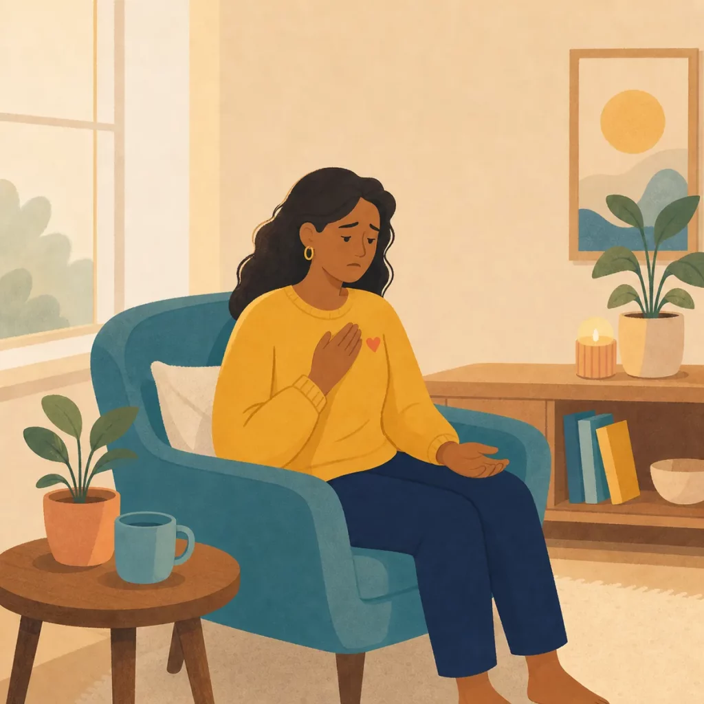 Health Anxiety Ruining My Life Image 01 Illustration of a worried woman sitting at home with one hand on her chest.