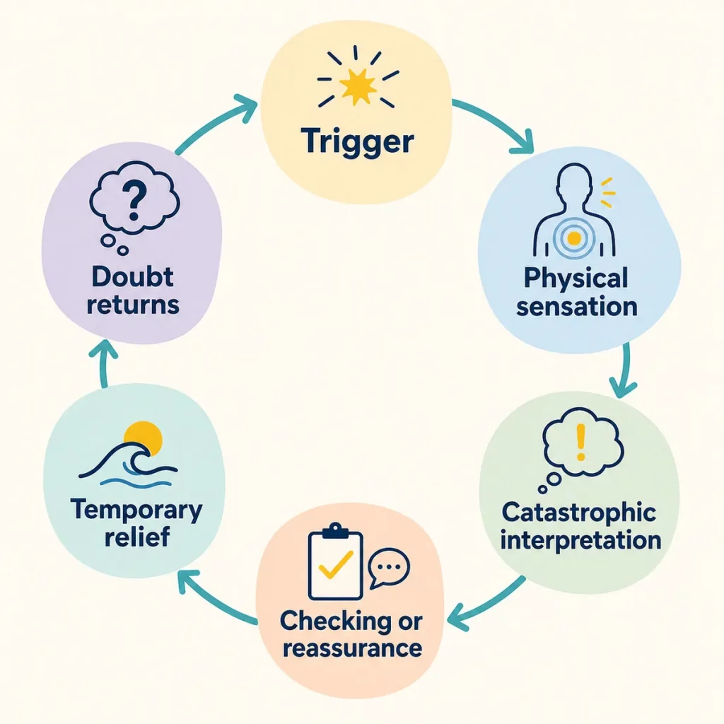 Health Anxiety Ruining My Life Image 02 Six-stage health-anxiety cycle from a trigger and physical sensation through catastrophic interpretation, checking, temporary relief and returning doubt.