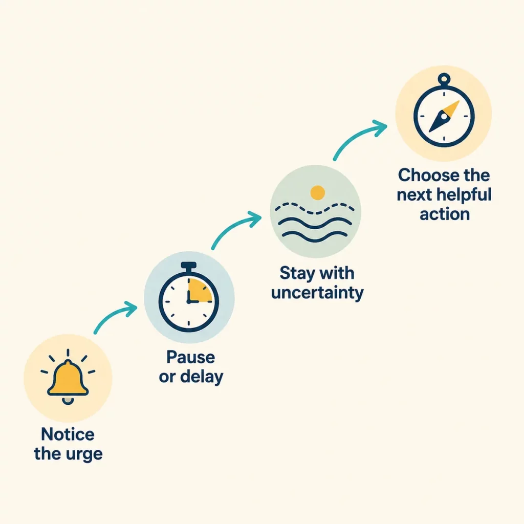 Health Anxiety Ruining My Life Image 04 Four response-prevention steps: notice the urge, pause or delay, stay with uncertainty and choose a helpful action.