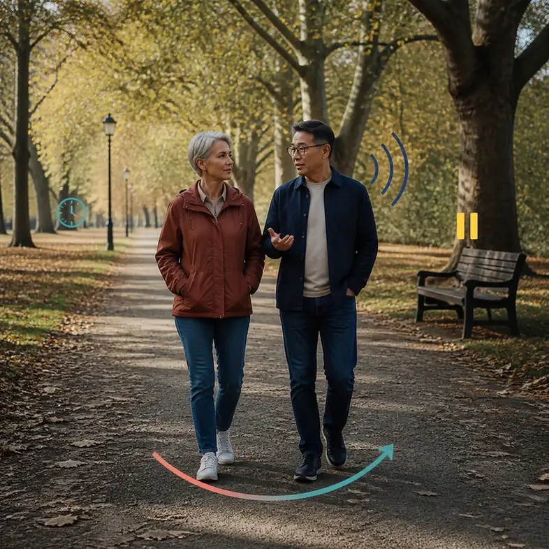 Why Do We Keep Having The Same Argument Image 03 Older couple walking and talking with visual cues for timing, tone, pause, and repair