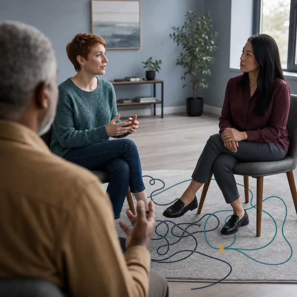 Why Do We Keep Having The Same Argument Image 04 Couple speaking with a therapist as a tangled communication line begins to clear