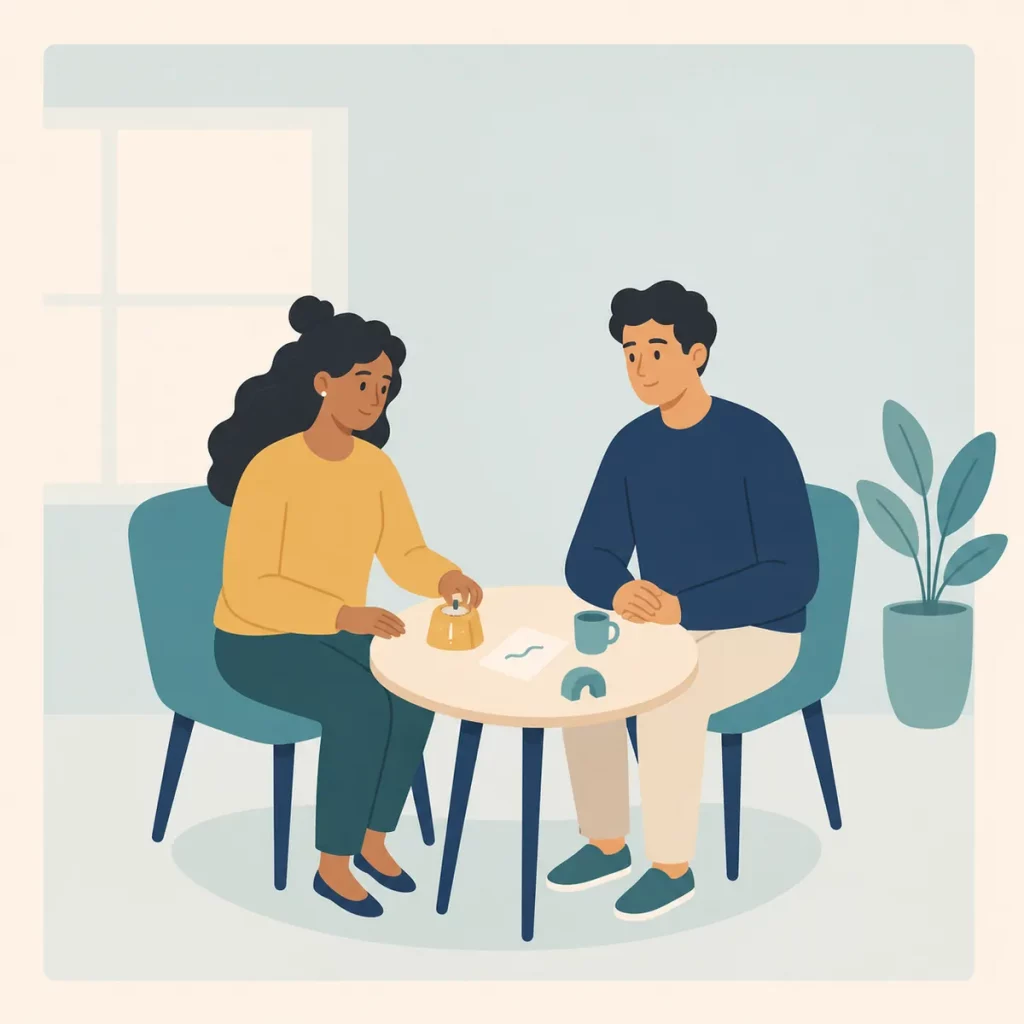 Why Do We Keep Having The Same Argument Image 05 Illustrated couple using a timer, one-issue note, pause, and repair cues before a conversation