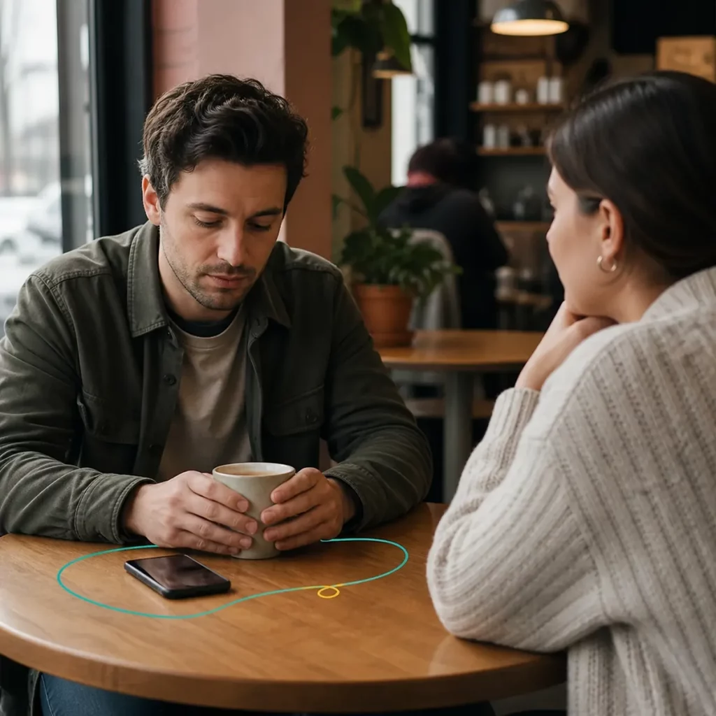 How To Overcome Social Anxiety Image 02 Person looking down and holding a cup during a cafe conversation, with a phone nearby and a subtle protective loop.