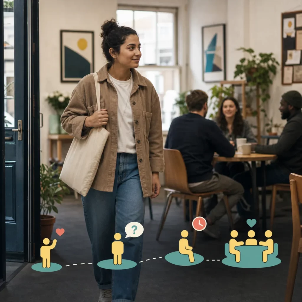 How To Overcome Social Anxiety Image 03 Person entering a cafe gathering, with a four-step visual path towards joining the group.