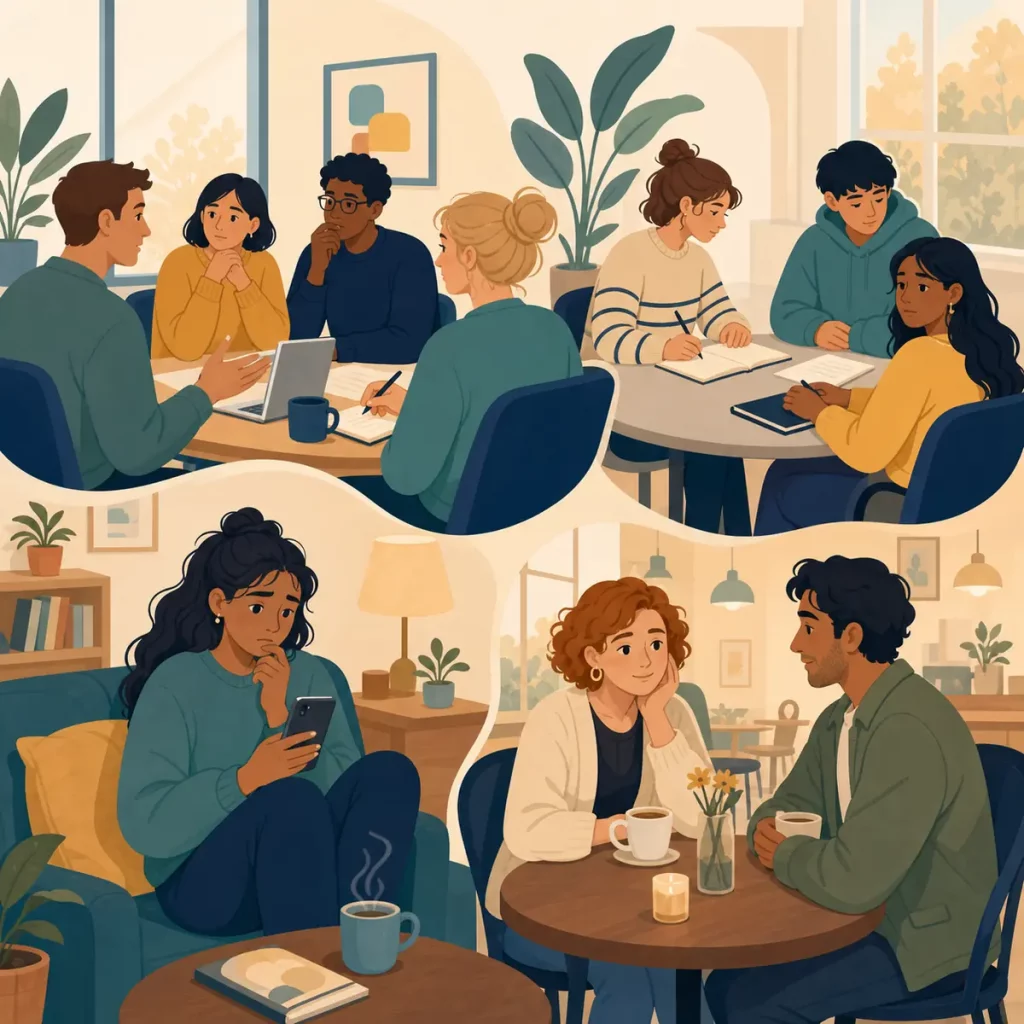 How To Overcome Social Anxiety Image 04 Illustrated scenes showing social anxiety at work, while studying, with friends, and on a date.
