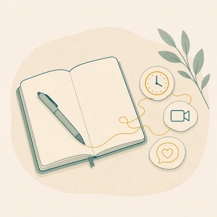 A notebook, pen and clock representing your needs, preferences and timing